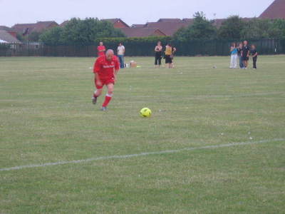 Mal Bean misses a penalty for Newmarket O40's after their 1-1 draw with The Mermaid