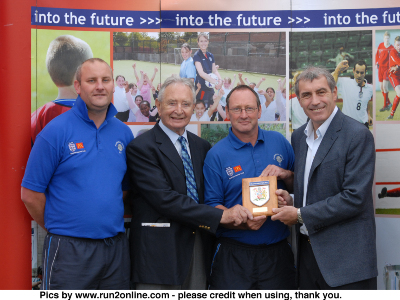 ENGLAND LEGEND PETER SHILTON PRESENTS THE CHARTER STAND CLUB OF THE YEAR 2008 AWARD TO CHAIRMAN CHRIS MARTIN ALONG WITH FRANK HANNAH, CHAIRMAN OF MANCHEATER F.A.