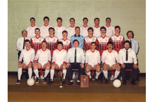 Amateurs in 1989 Edinburgh East League and Brunton Cup winners. Back Row: A Greig, A Tuff, J Philliben, P Healey, L Hamilton, D Stewart and T Monteith. Middle Row: B Walker, K Robertson, S Cavanagh, P Yorston, I Bryne, D Smith, C Redpath, D Higgins and A Gibb. Front Row: G Robertson, G Fleming, M Fleming, A Currie, J Valence, T Malone and A Walker. Missing: J Kelly and D Lamont.