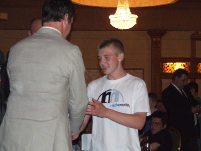 Gerard Rooney receiving his trophy from Phil Mulryne at 2008 Presentation Night.