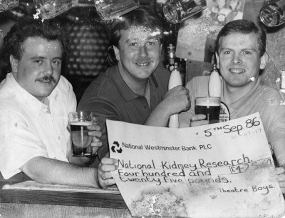 TBFC & Theatre Hotel raising funds for kidney research 5TH September 1986.L/R Stephen Smith,Mick Moran & John Kirk