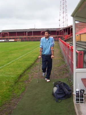 David 'Dabber' Hewson on crutches at Borough Park. David is suffering from a broken ankle picked up in the pre-season friendly against Carlisle United